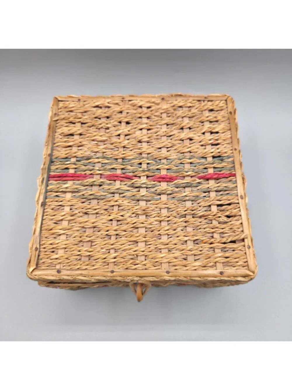Vintage Woven Sewing Basket Hinged Lid Mid Century Green Satin Lining Cottage